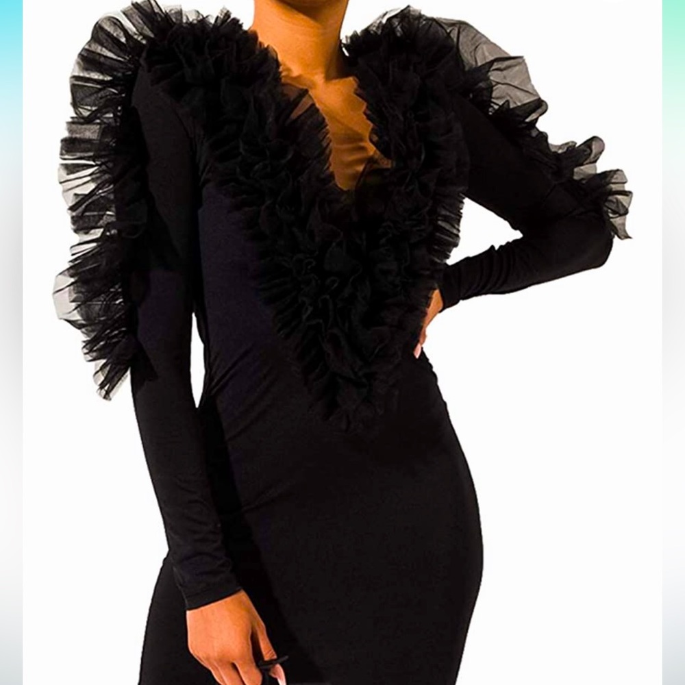 Black Fall V-Neck Business Cocktail Ruffled Sleeves Bodycon Dress size M - Picture 2 of 7